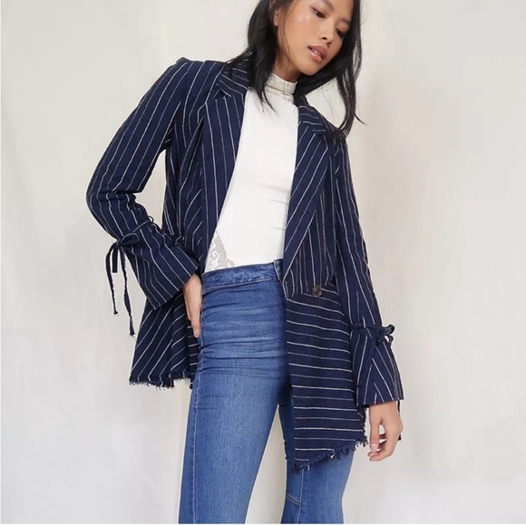 Free People Jackets & Blazers - Free People Coat Jacket Stella Blazer Linen Fringed Hem - Navy Stripe